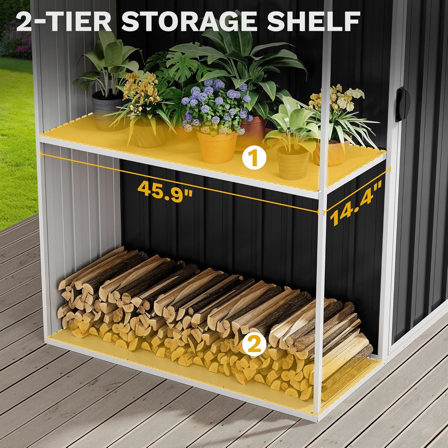 DWVO Outdoor Storage Shed 8x4FT with Rack, Metal Garden Shed with Storage Shelves, Bike Storage Tool Cabinet Box for Lawn Backyard Patio Use, Dark Gray