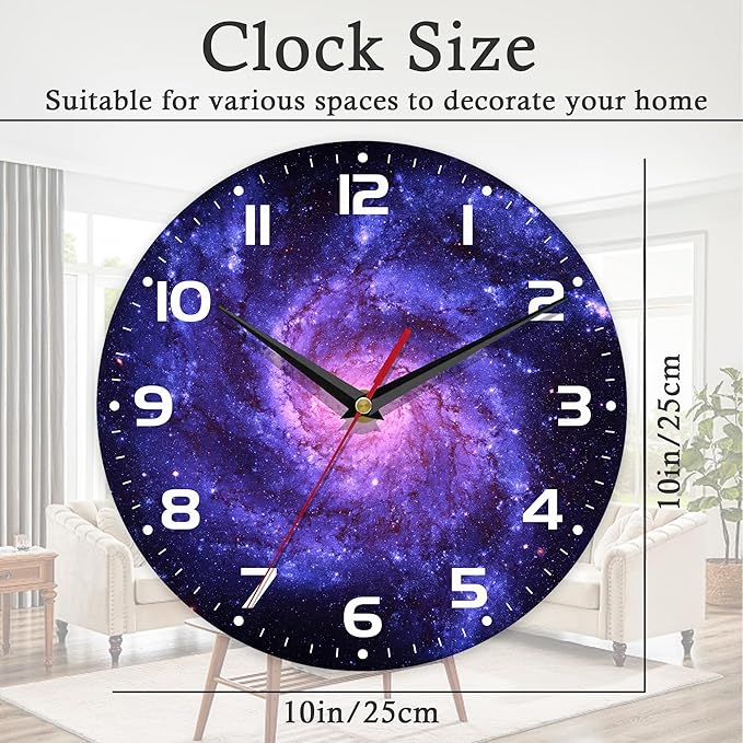 Wall Clock, 10 Inch Silent Non-Ticking Home Kitchen Decor, Battery Operated for Bathroom Bedroom Living Room Office(Cosmic Galaxy)