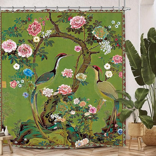 Vintage Flower Shower Curtain 60Wx72L Inch Crane Peony Vintage Retro Chinese Plant Botanical Green Blossom Japanese Art Bathroom Set Accessories Decor with 12 Pack Hooks