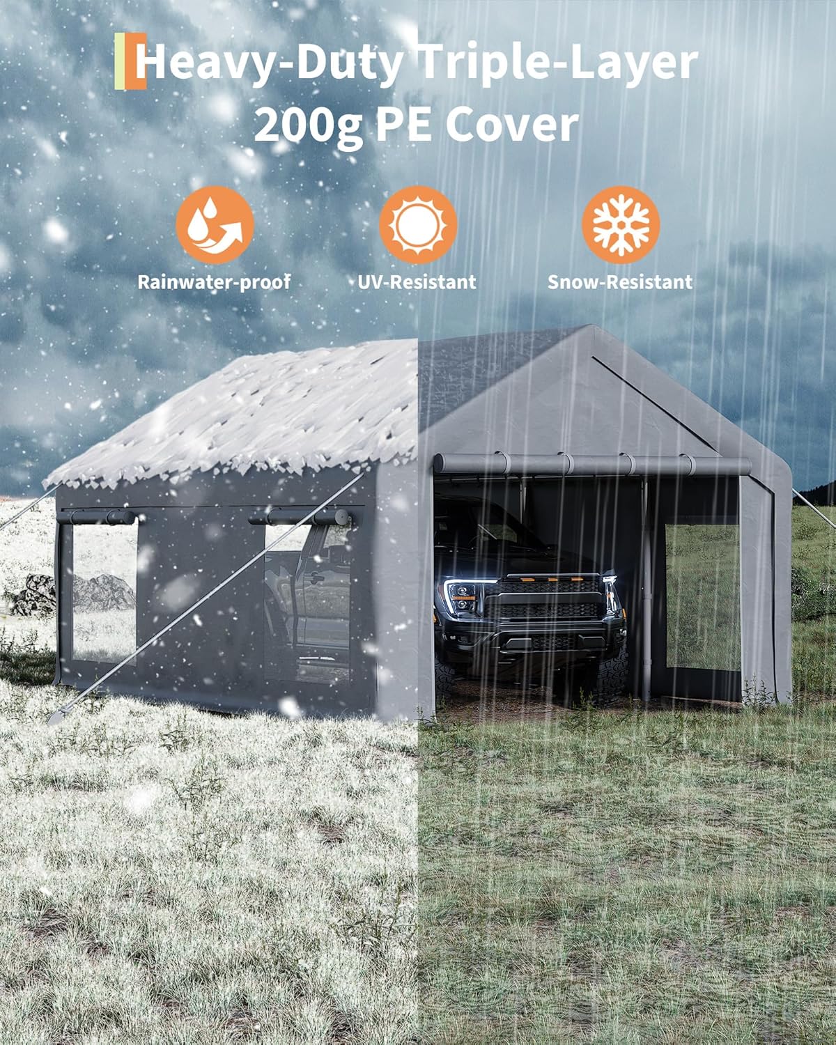 10x20 Ft Carport, Car Port with 200g PE Tarp, Roll-Up Doors, and 4 Windows, for Sedans, Bass Boats, Motos, ATVs, and SUVs, Light Gray