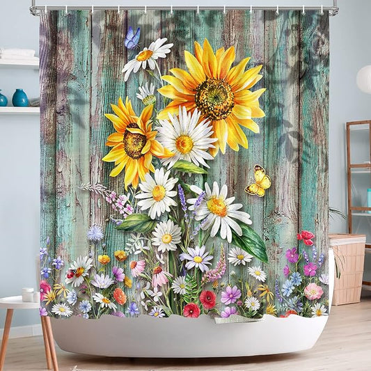 Vimorco Sunflower Shower Curtain, Butterfly Shower Curtains for Bathroom, Waterproof Quick-Dry Polyester Fabric Shower Curtain, Daisy Floral Bathroom Set, Bath Curtain Decor, 12 Hooks, 72''x 72''