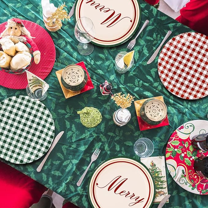 Whaline Merry Christmas Paper Plate Gingham Plaid Disposable Plate 9 Inch Red Green Checkered Dinner Dessert Plate For Xmas Winter Party Supplies Table Decor, 40Pcs