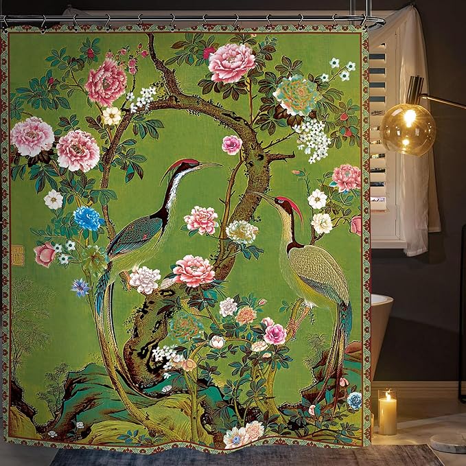 Vintage Flower Shower Curtain 60Wx72L Inch Crane Peony Vintage Retro Chinese Plant Botanical Green Blossom Japanese Art Bathroom Set Accessories Decor with 12 Pack Hooks