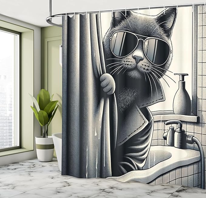 Ambesonne Cat Shower Curtain, Funny Kitty in Trench Coat Cool Detective Animal in a Bath Tub Monochrome Art, Cloth Fabric Bathroom Decor Set with Hooks, 69" W x 70" L, Dark Grey Pale Sepia