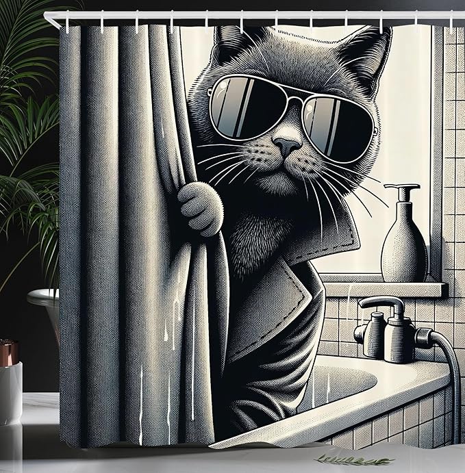 Ambesonne Cat Shower Curtain, Funny Kitty in Trench Coat Cool Detective Animal in a Bath Tub Monochrome Art, Cloth Fabric Bathroom Decor Set with Hooks, 69" W x 70" L, Dark Grey Pale Sepia