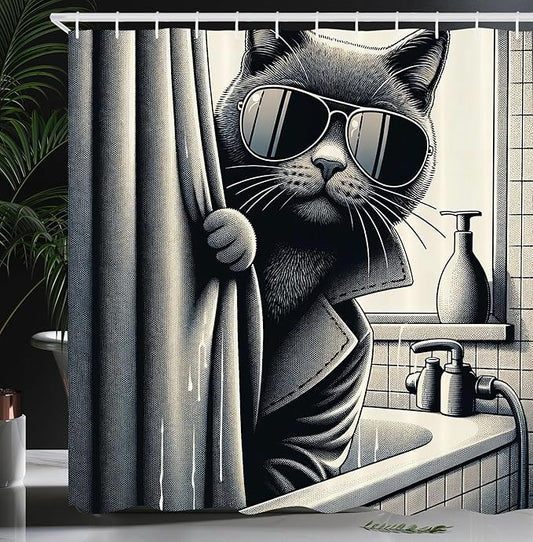 Ambesonne Cat Shower Curtain, Funny Kitty in Trench Coat Cool Detective Animal in a Bath Tub Monochrome Art, Cloth Fabric Bathroom Decor Set with Hooks, 69" W x 70" L, Dark Grey Pale Sepia