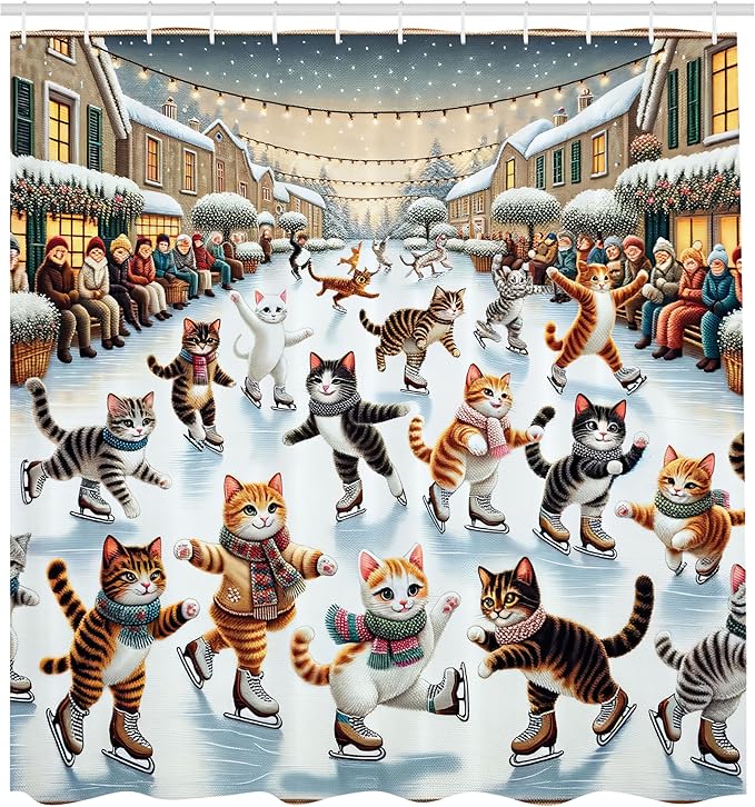 Ambesonne Cat Shower Curtain, Funny and Cheery Kitties Ice Skating Winter Happiness Funny Cartoon Xmas, Cloth Fabric Bathroom Decor Set with Hooks, 69" W x 75" L, Orange Brown Pale Blue