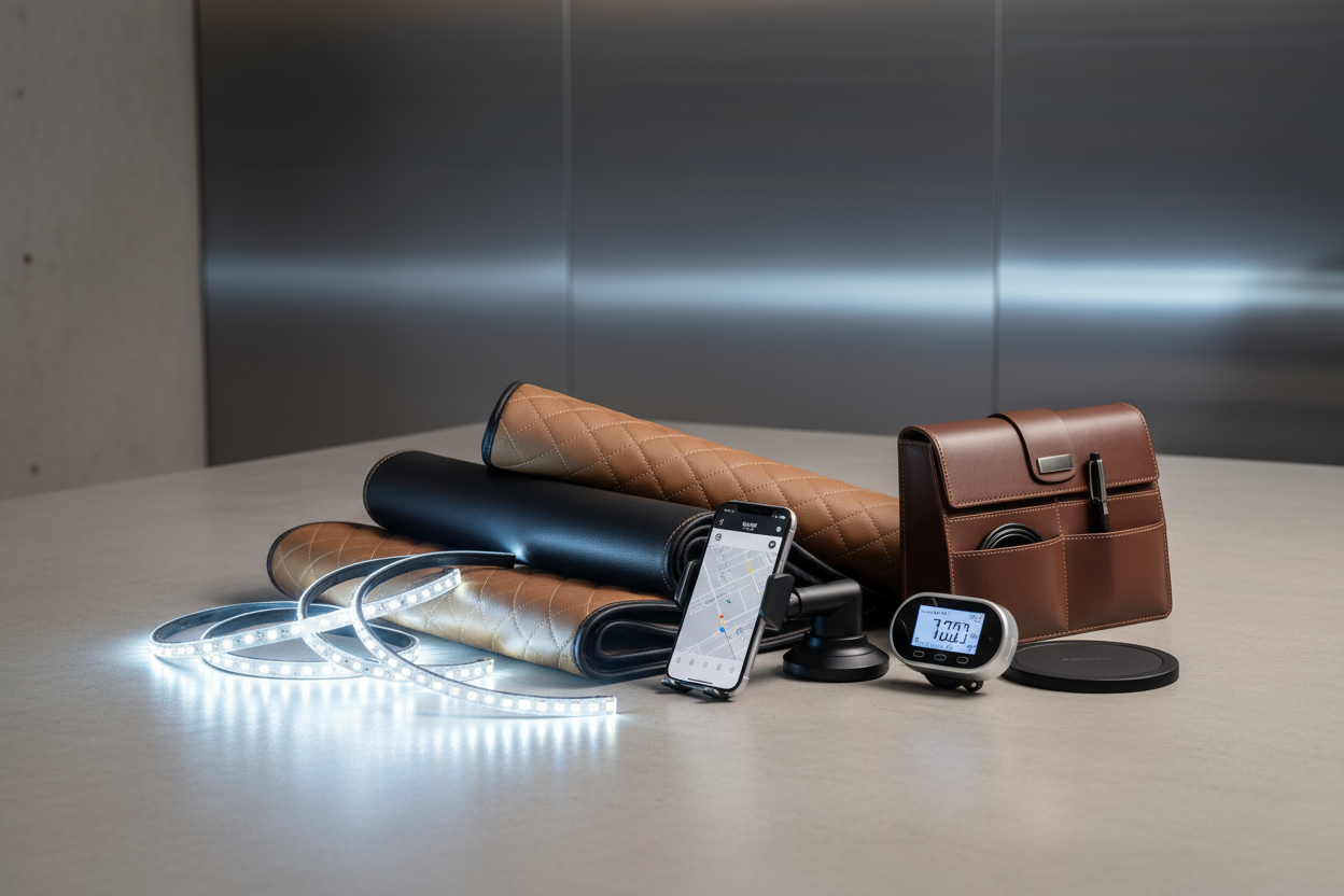 Our collection includes premium interior upgrades, performance accessories, safety essentials, and tech innovations designed to make every journey smoother, safer, and more enjoyable. From sleek seat covers and LED lights to smart gadgets and durable organizers, each product is handpicked to meet our high standards of quality, reliability, and design. (make it real photo)